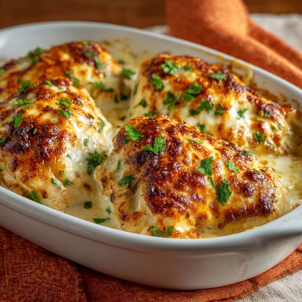 Creamy garlic parmesan baked chicken with a golden brown topping and fresh parsley garnish in a white baking dish.