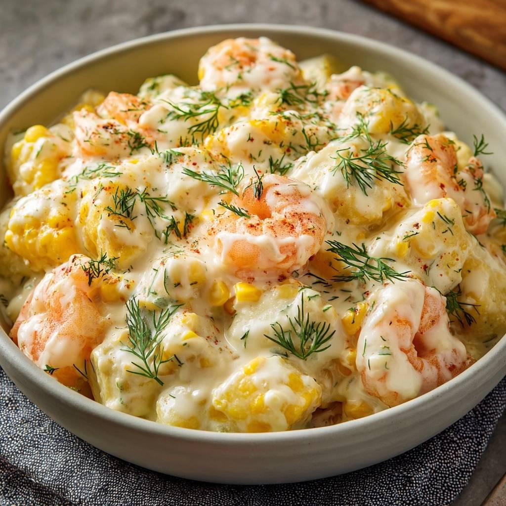 Creamy garlic shrimp and potato bowl featuring plump shrimp and corn in a rich sauce, garnished with fresh dill.