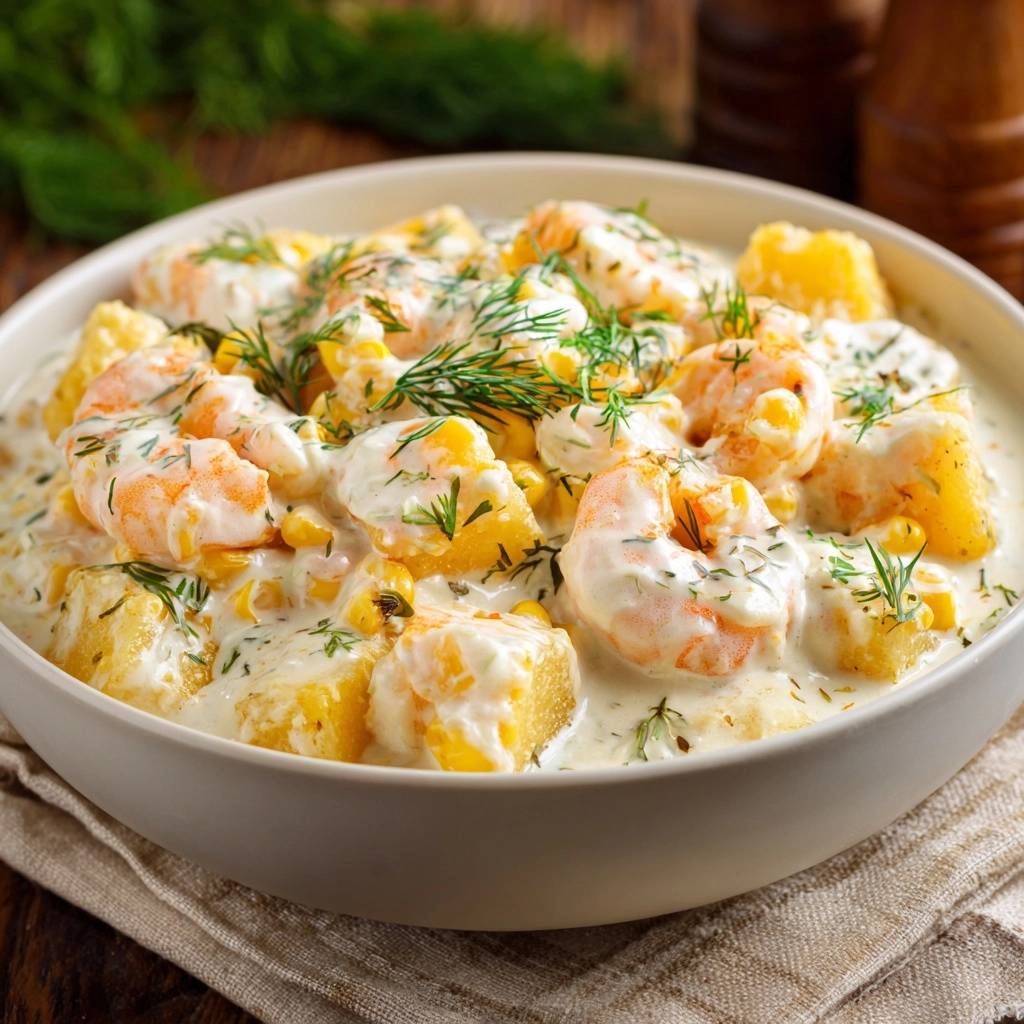Creamy garlic shrimp and potato bowl shown in a close-up view, featuring tender shrimp and corn in a rich sauce.