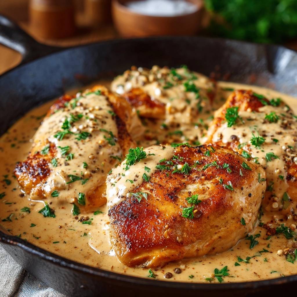 Creamy garlic skillet chicken with velvet sauce, showcasing the rich, creamy sauce with visible peppercorns and fresh parsley garnish.