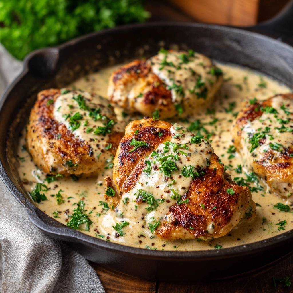 Creamy garlic skillet chicken with velvet sauce, shown in a close-up view with rich sauce and fresh parsley garnish.