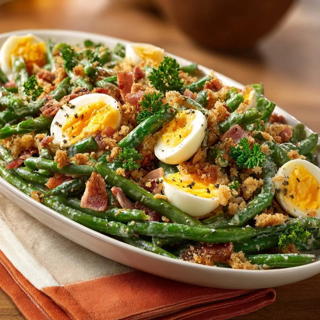 Creamy green bean and egg salad garnished with bacon, hard-boiled eggs, and breadcrumbs, presented in a white serving dish.