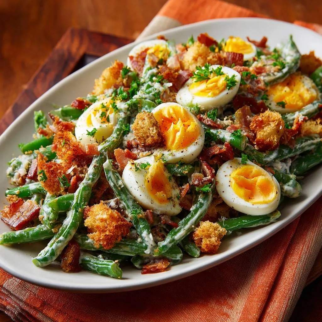 Creamy green bean and egg salad served whole on a platter, topped with bacon and croutons.