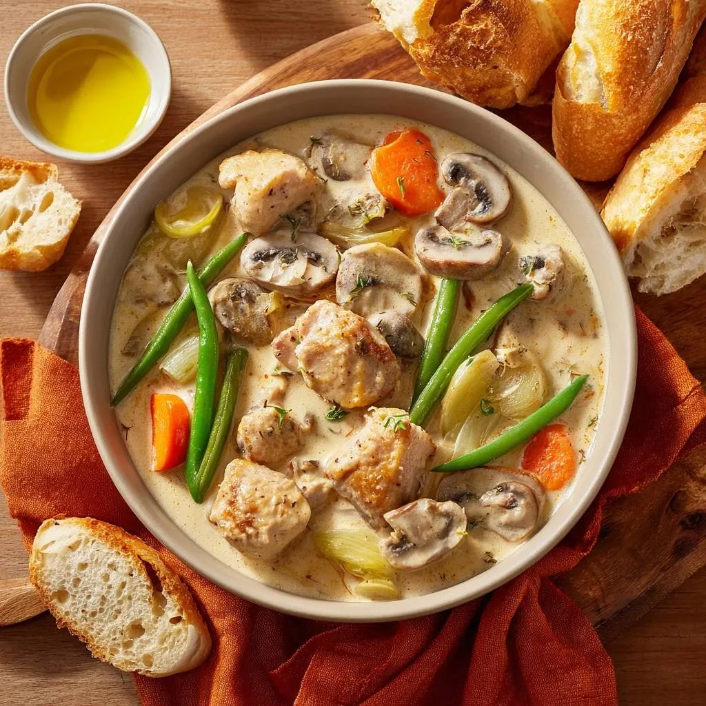 Creamy harvest chicken stew in an overhead bowl view, featuring tender chicken, mushrooms, carrots, and green beans in a rich sauce.