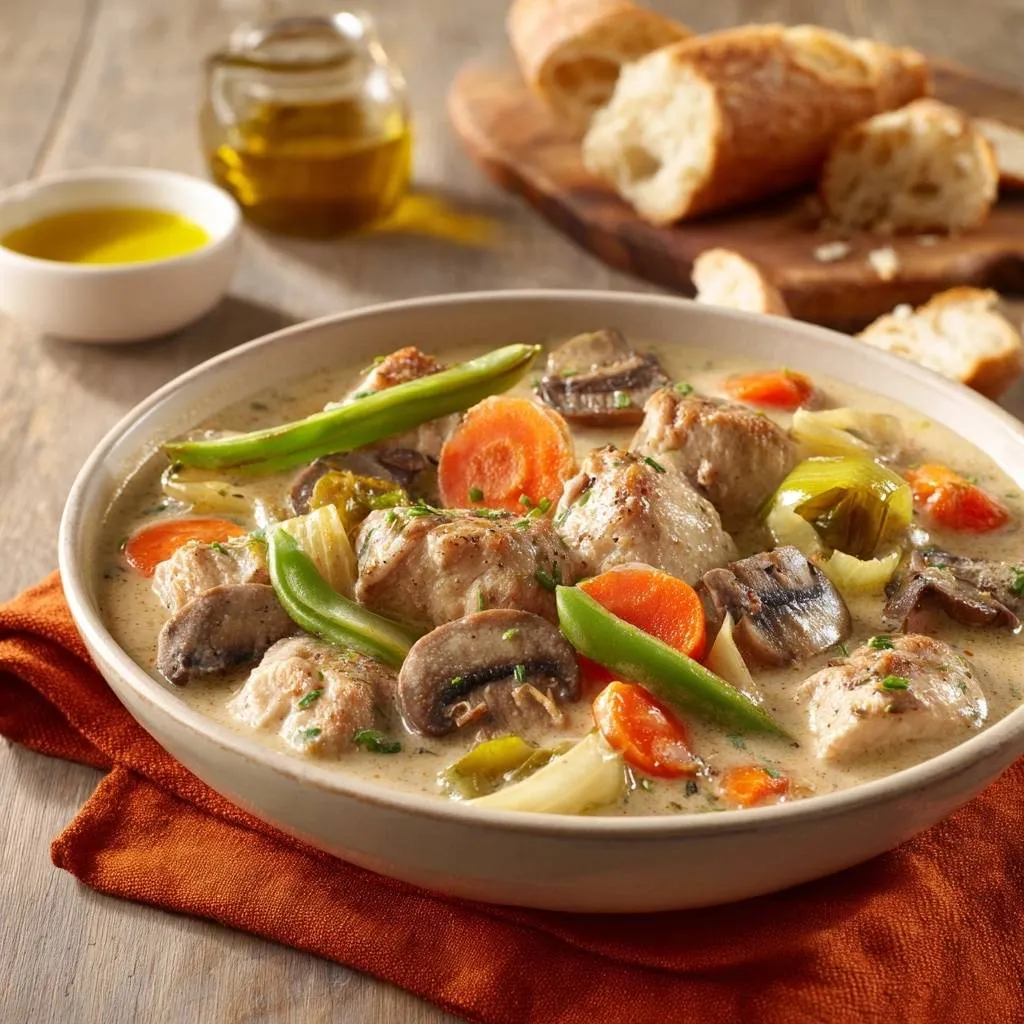 Creamy harvest chicken stew served in a rustic bowl with carrots, mushrooms, and green beans, captured from an overhead perspective.