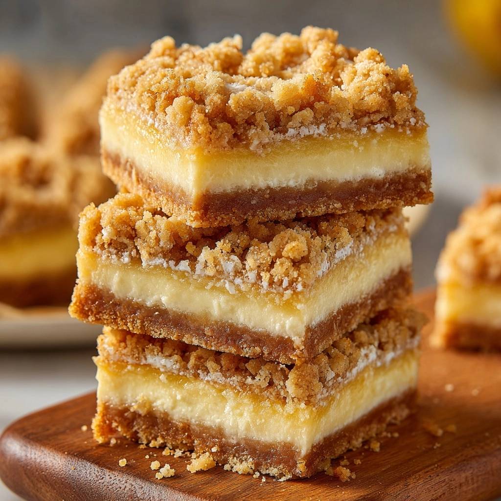 Creamy lemon crumble bars with a crisp crust are stacked and shown in a close-up view, highlighting their texture.