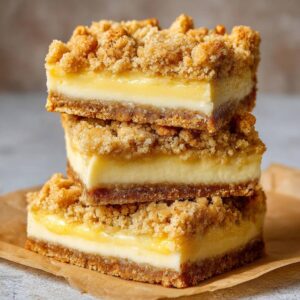 Creamy lemon crumble bars with a crisp crust stacked to reveal a beautiful cross-section of layers.