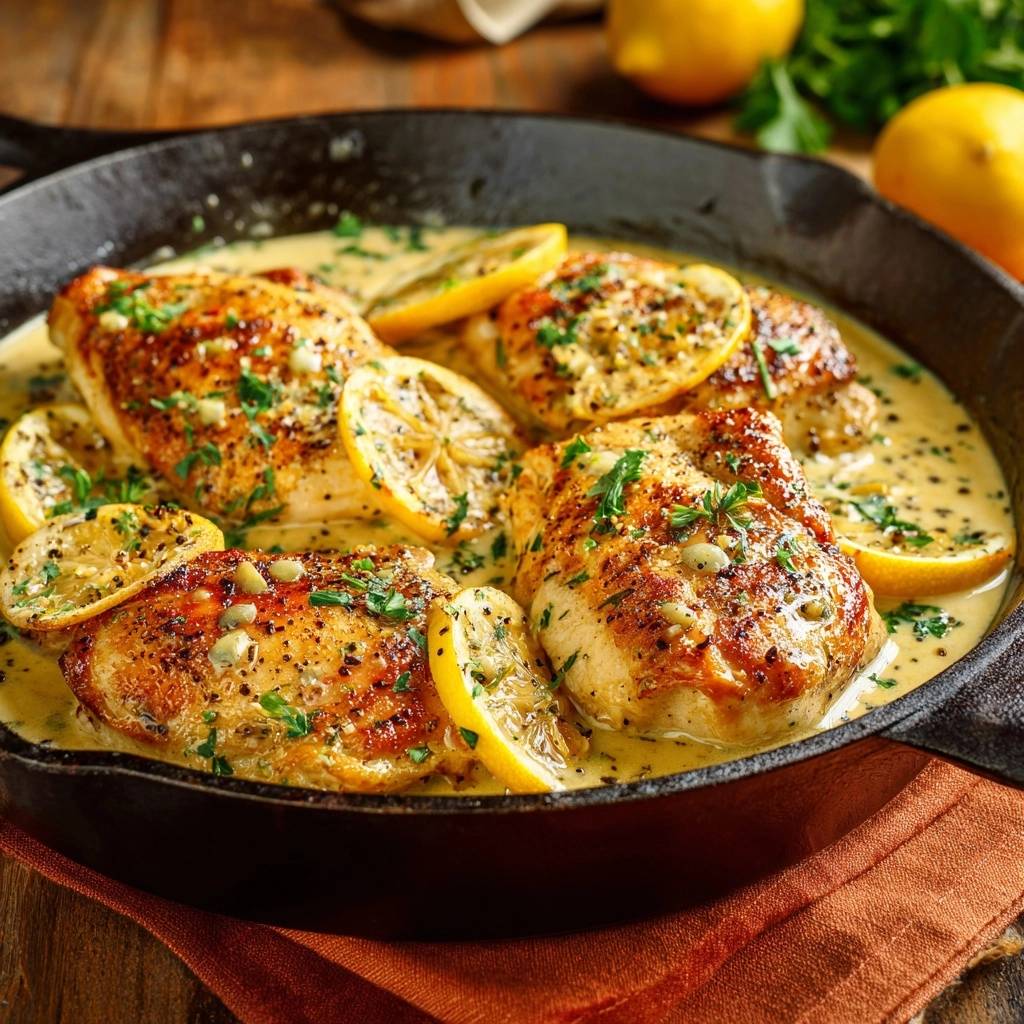 Creamy lemon herb chicken thighs with crispy skin served in a cast iron skillet with lemon slices and fresh parsley.
