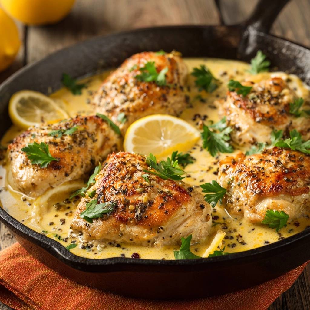 Creamy lemon herb chicken thighs with crispy skin shown in a close-up skillet view with fresh parsley garnish.