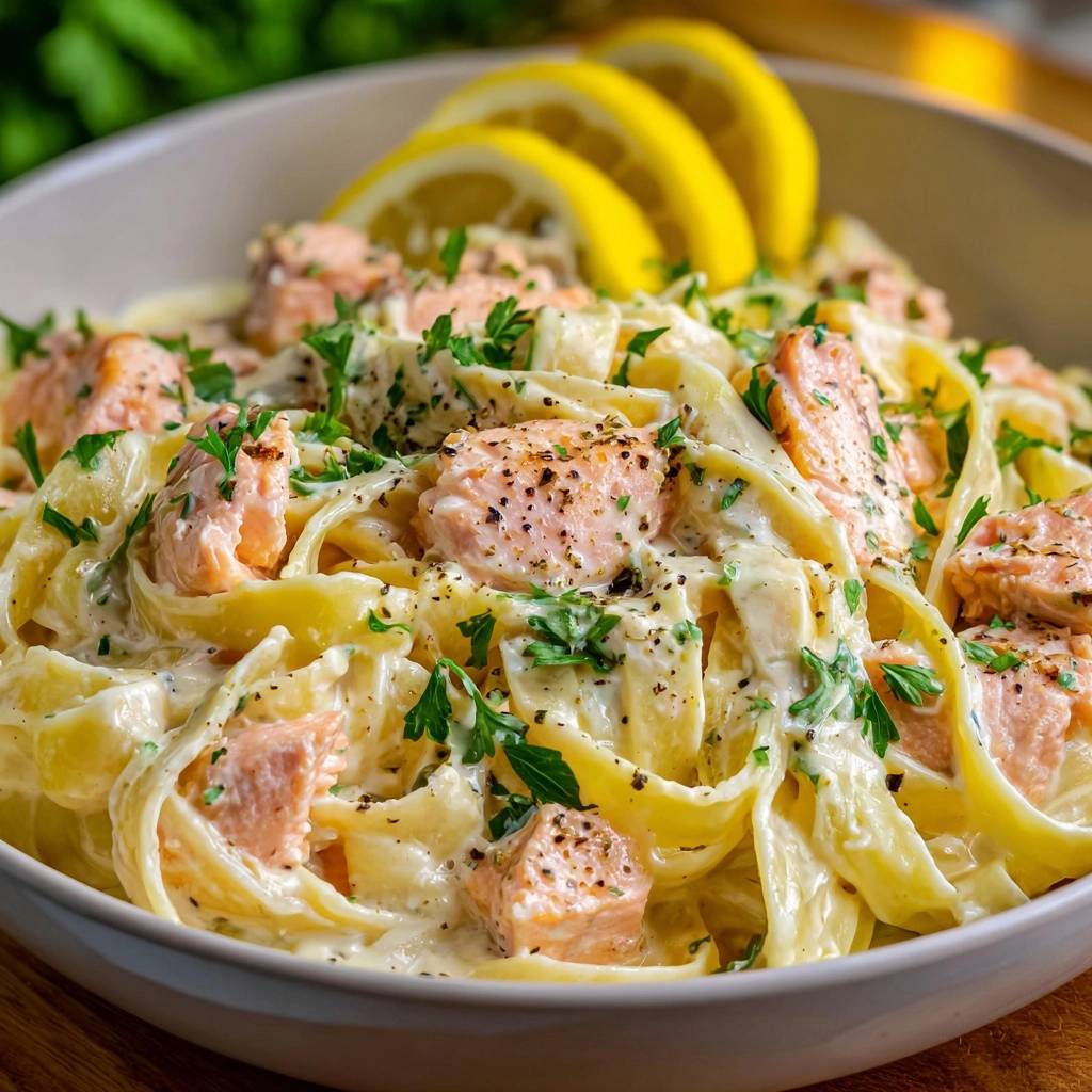 Creamy lemon salmon fettuccine with a close-up view of fresh parsley garnish and lemon slices.