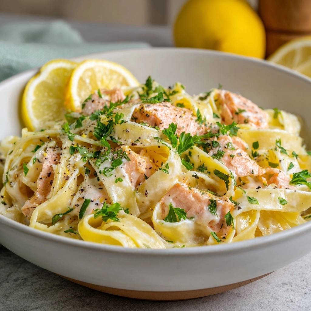 Creamy lemon salmon fettuccine served in a bowl, generously garnished with fresh parsley and lemon slices.
