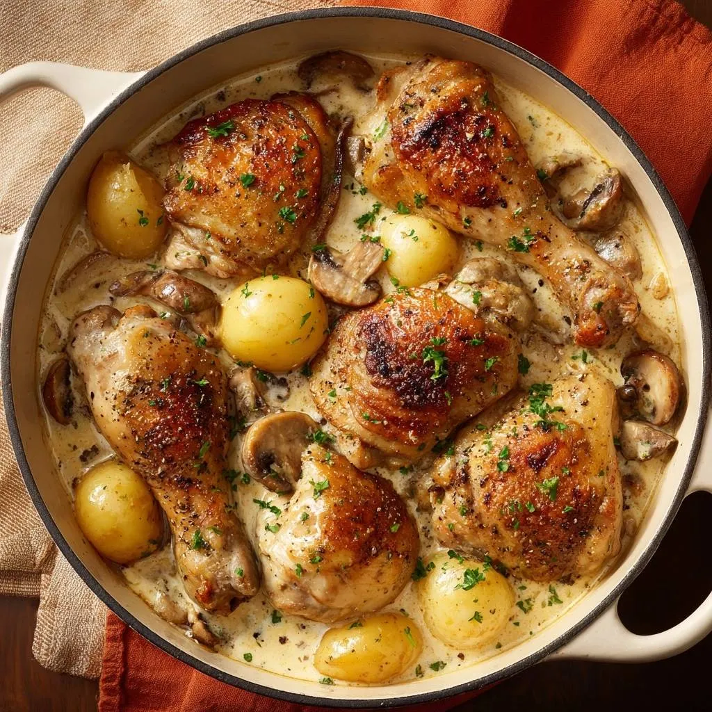 Creamy mushroom and potato chicken skillet shown in an overhead view within a white pot, garnished with parsley.
