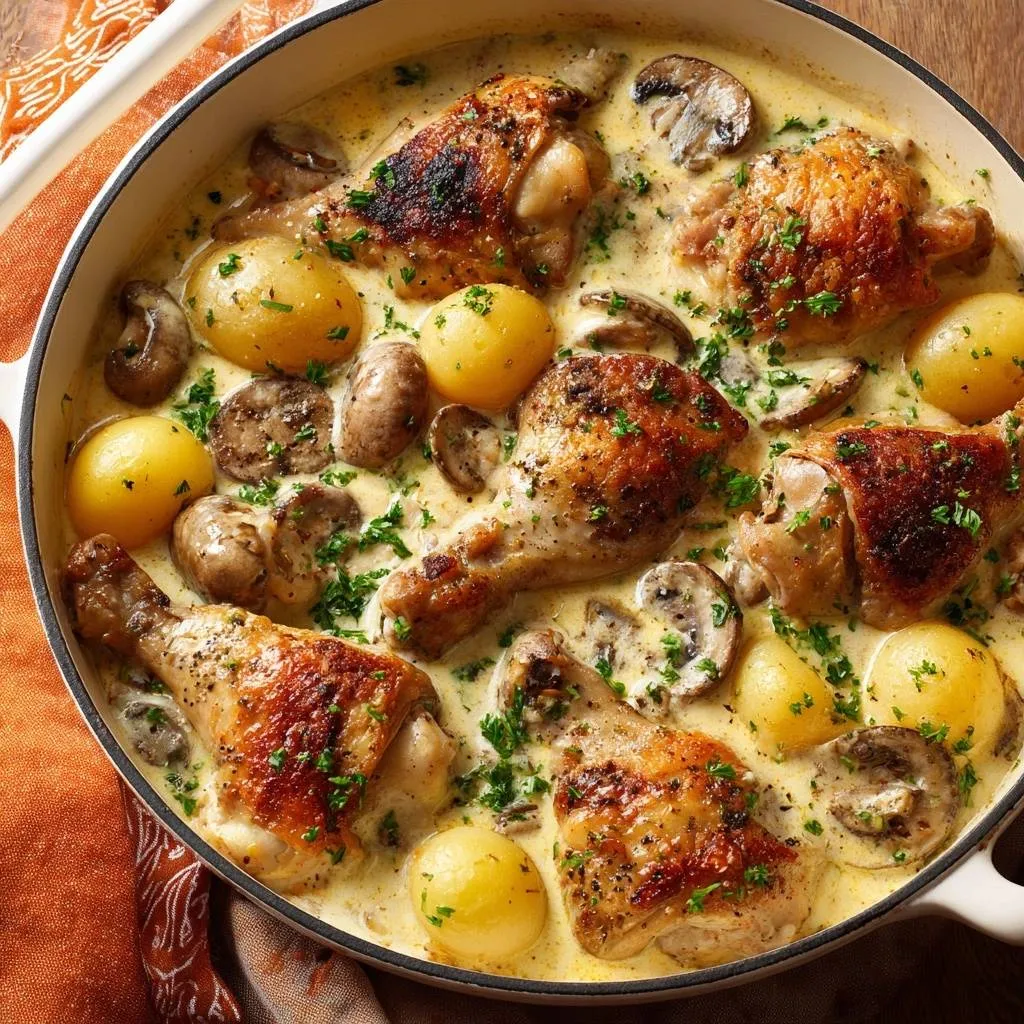 Creamy mushroom and potato chicken skillet presented in a white pot, showcasing golden-brown chicken pieces and tender potatoes.