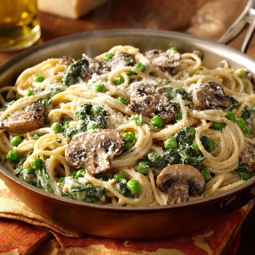 Creamy mushroom and spinach spaghetti served in a skillet, showcasing the pasta and sauce texture.