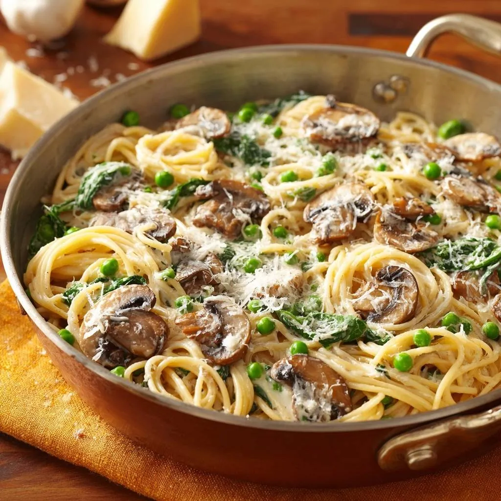 Creamy mushroom and spinach spaghetti served in a copper-rimmed pan, topped with grated Parmesan.