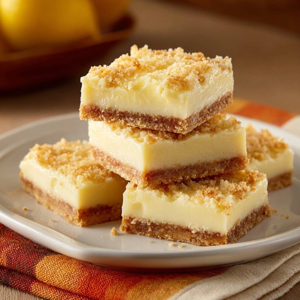 Creamy orange zest bars with a crisp crust stacked on a white plate, showcasing their layered texture.