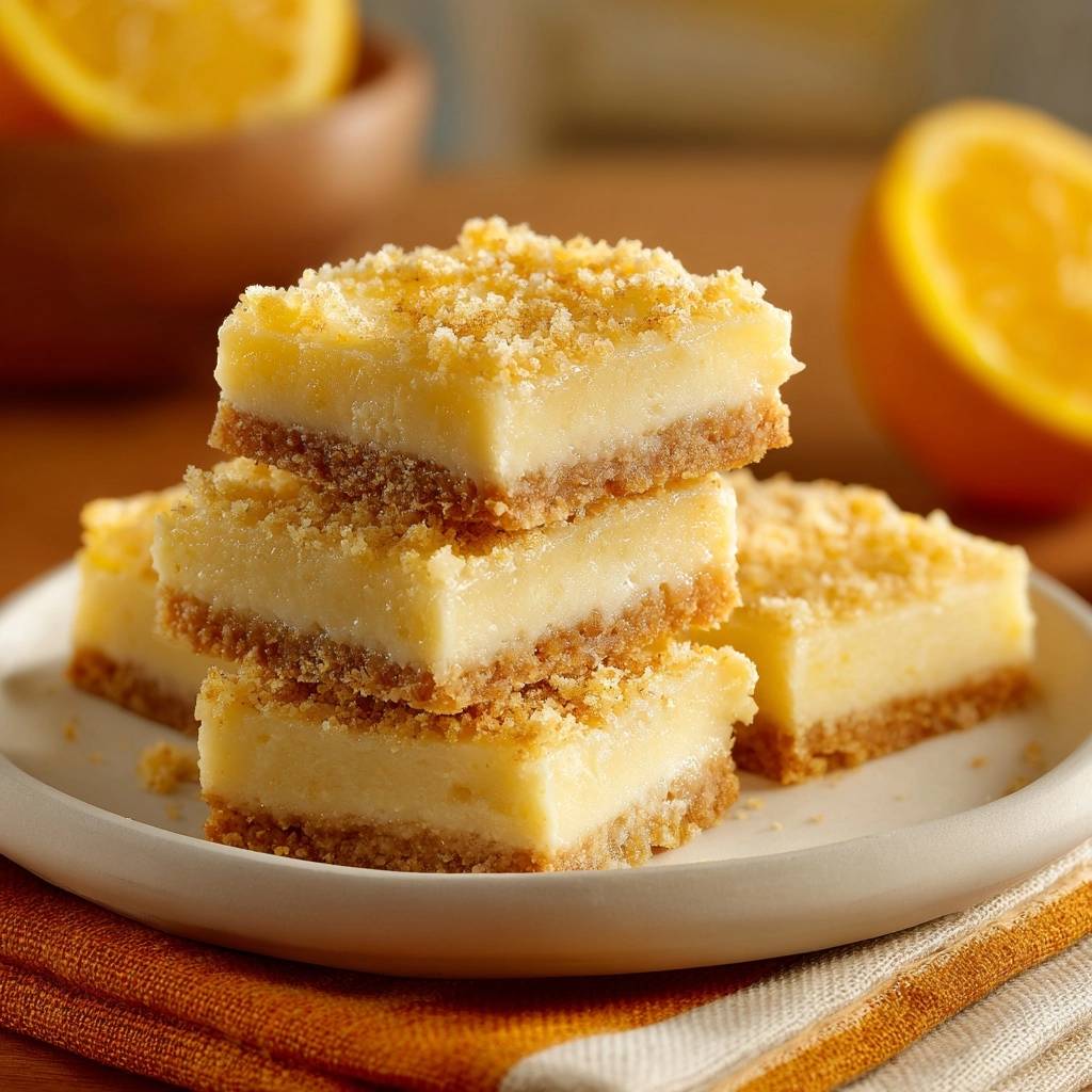 Creamy orange zest bars with a crisp crust stacked on a white plate, featuring a close-up view.