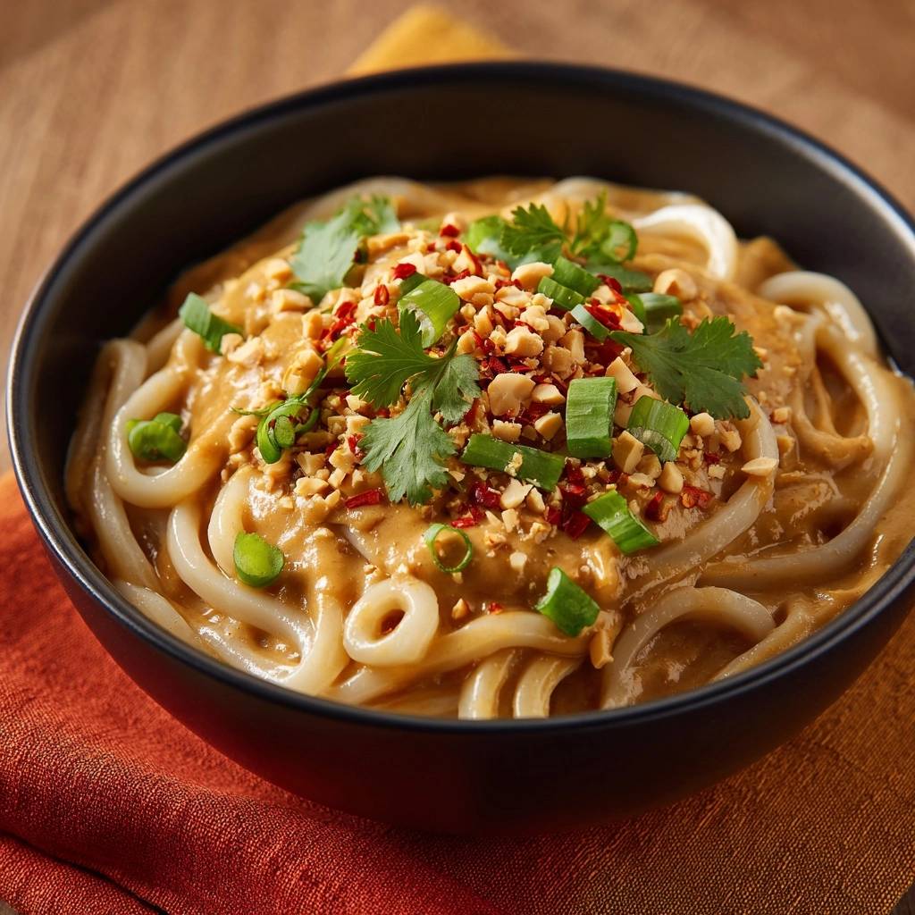Creamy peanut udon noodles are generously garnished with chopped peanuts, chili flakes, and fresh cilantro in this close-up shot.