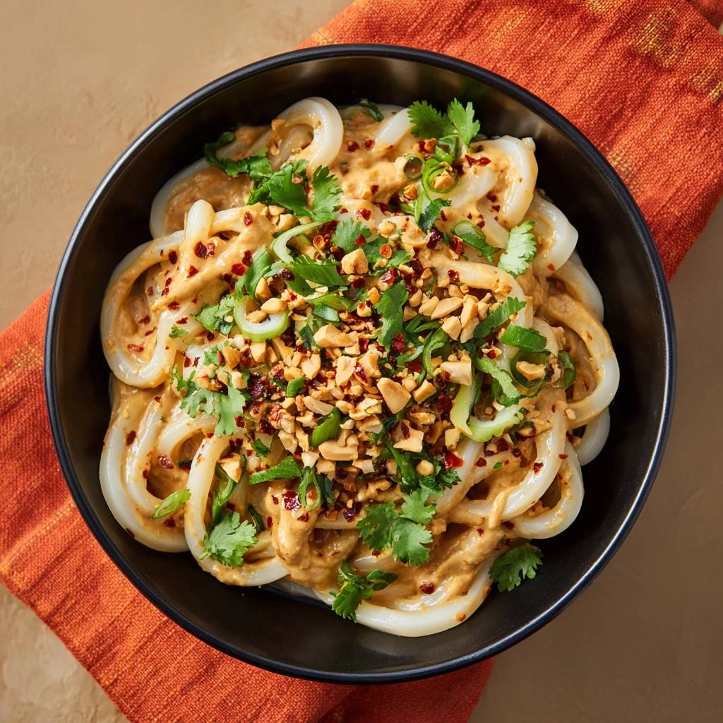 Creamy peanut udon noodles shown in an overhead view within a black bowl, garnished with peanuts and cilantro.