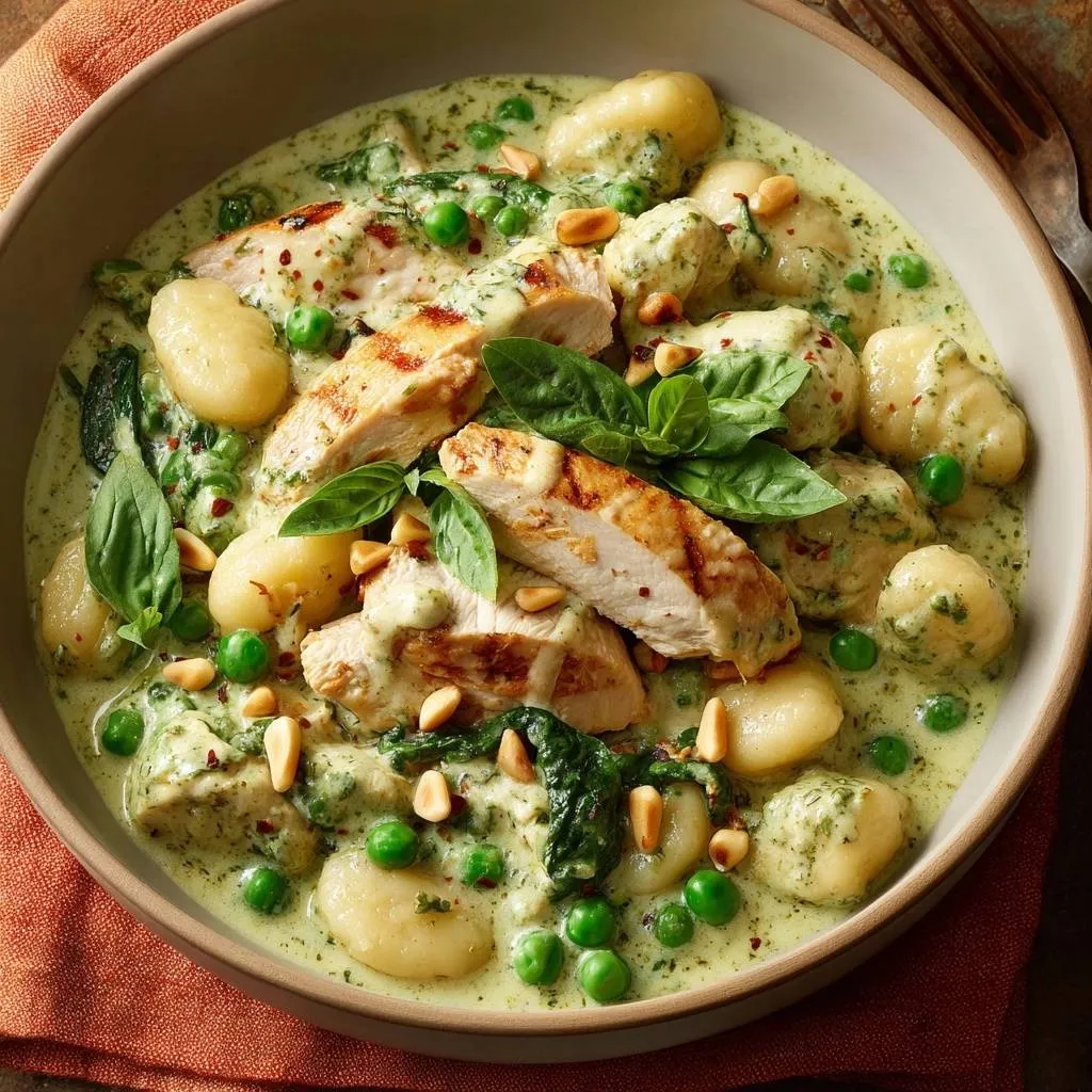 Creamy pesto chicken and gnocchi served in a bowl, with grilled chicken slices and fresh basil garnish.