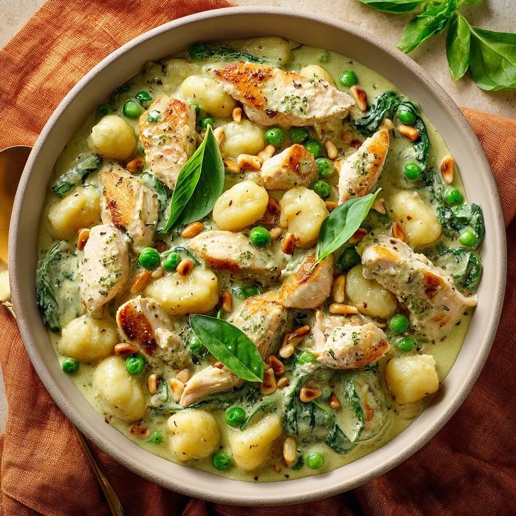 Creamy pesto chicken and gnocchi in a bowl, shown from an overhead perspective with basil garnish.