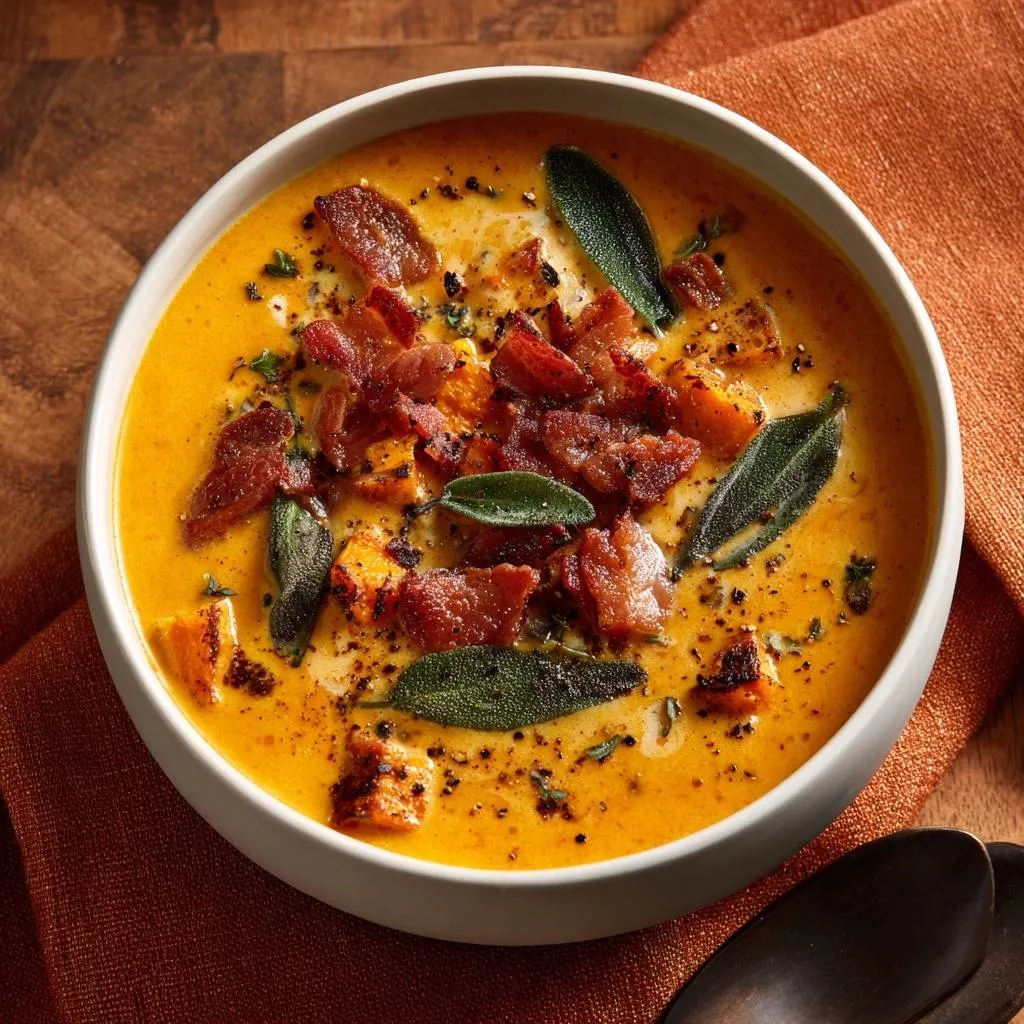 Creamy roasted butternut squash soup generously topped with crispy bacon, fresh sage leaves, and black pepper.