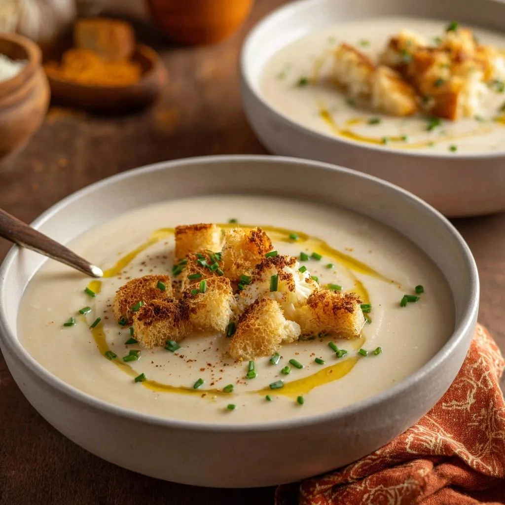 Creamy roasted cauliflower soup garnished with golden crotons and fresh chives in a grey bowl.