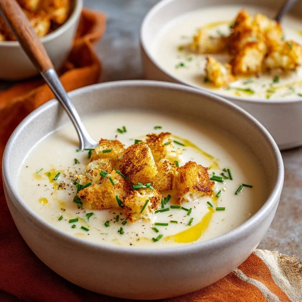Creamy roasted cauliflower soup garnished with golden croutons and chives in a bowl with a spoon.