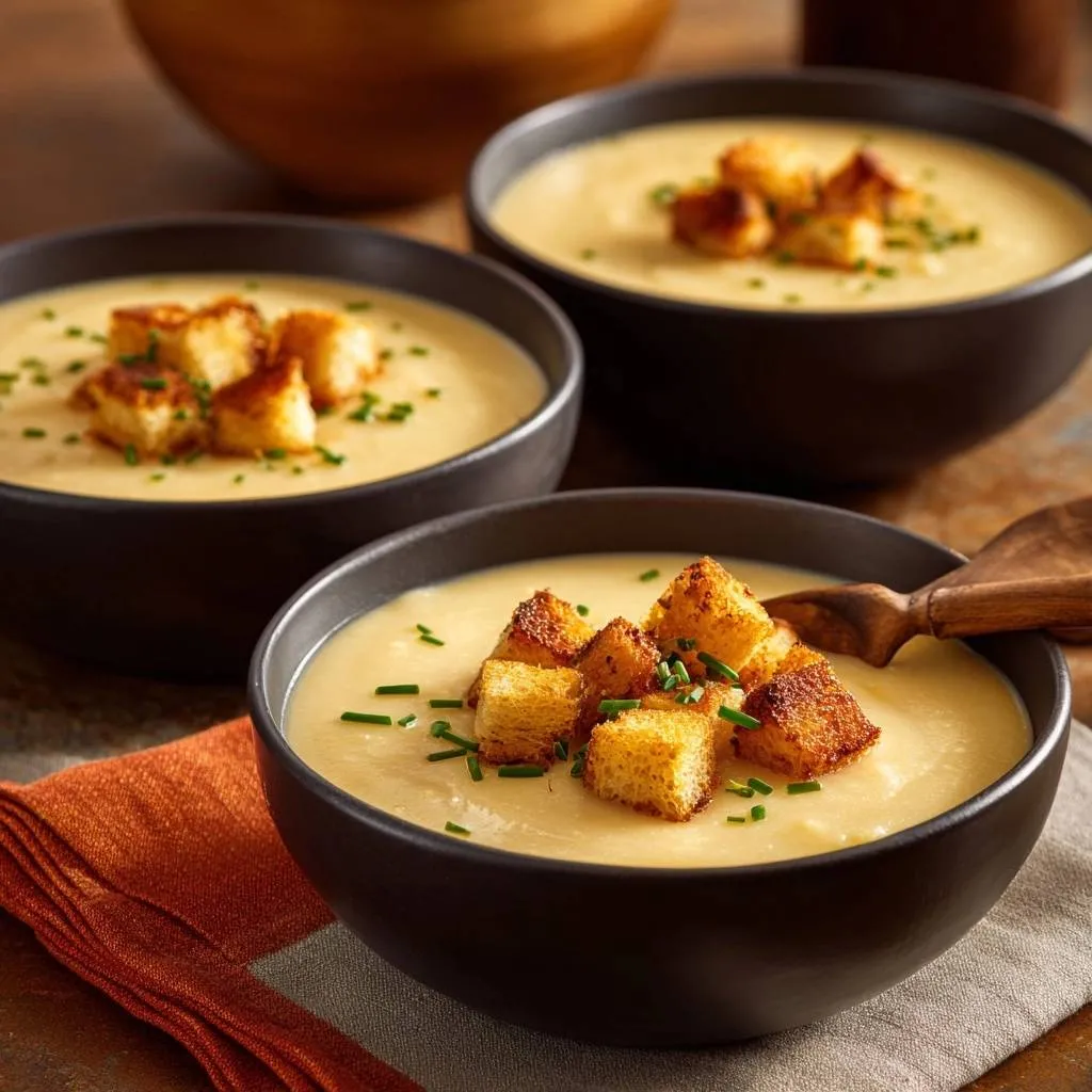 Creamy roasted garlic potato soup in dark bowls, garnished with golden croutons and chives.