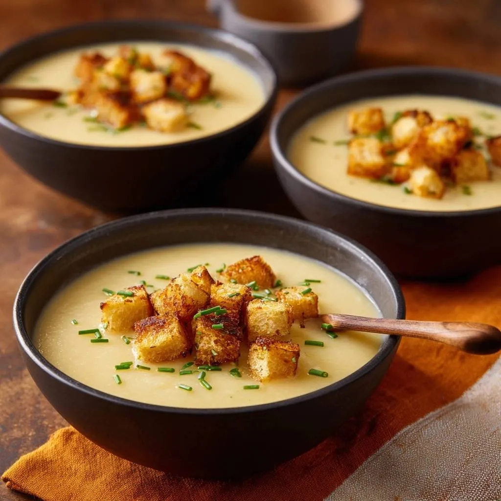 Creamy roasted garlic potato soup in dark bowls, topped with golden croutons and fresh chives, served with a wooden spoon.