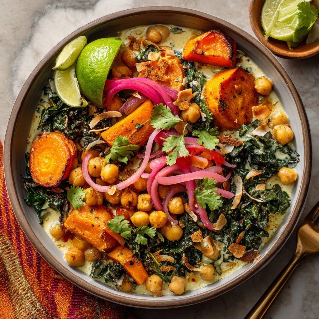Creamy roasted sweet potato and chickpea curry served in a bowl with lime and pickled onions, presented from an overhead perspective.