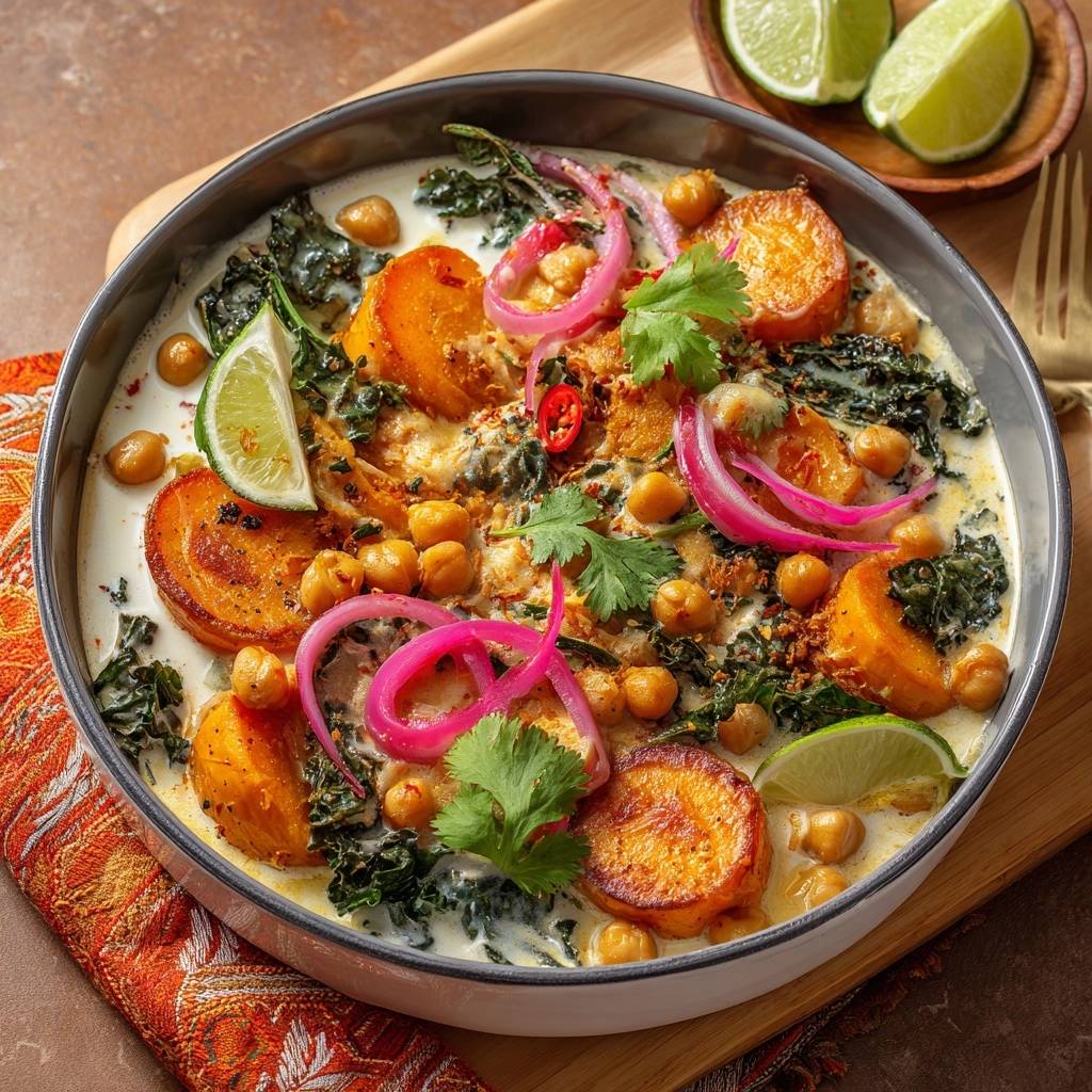 Creamy roasted sweet potato and chickpea curry served in a bowl, garnished with lime and cilantro