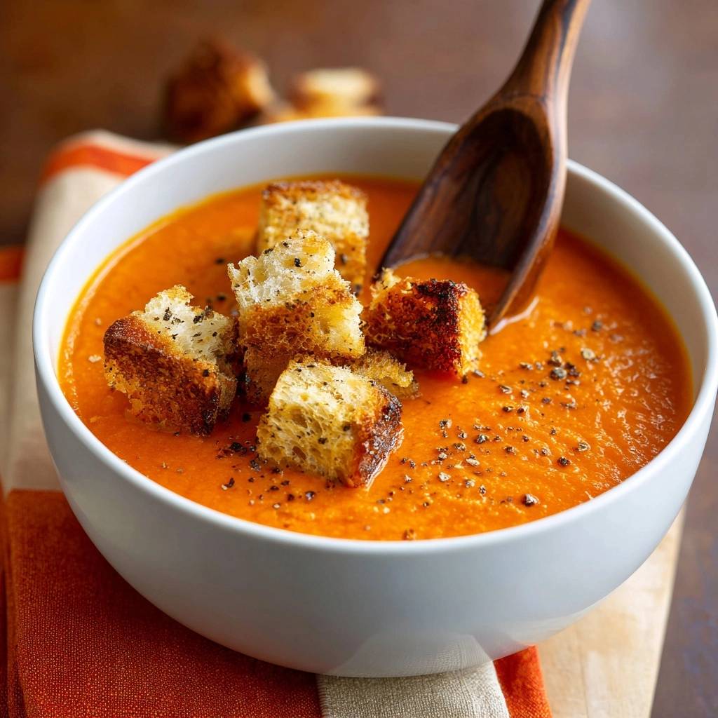Creamy roasted tomato soup topped with toasted croutons and a wooden spoon, seasoned with black pepper.