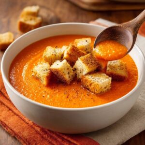 Creamy roasted tomato soup with croutons, a spoonful being lifted with a wooden spoon.
