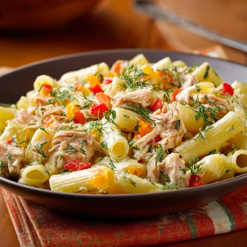 Creamy salmon and dill penne served in a dark bowl, showcasing the pasta, fish, and vegetables.