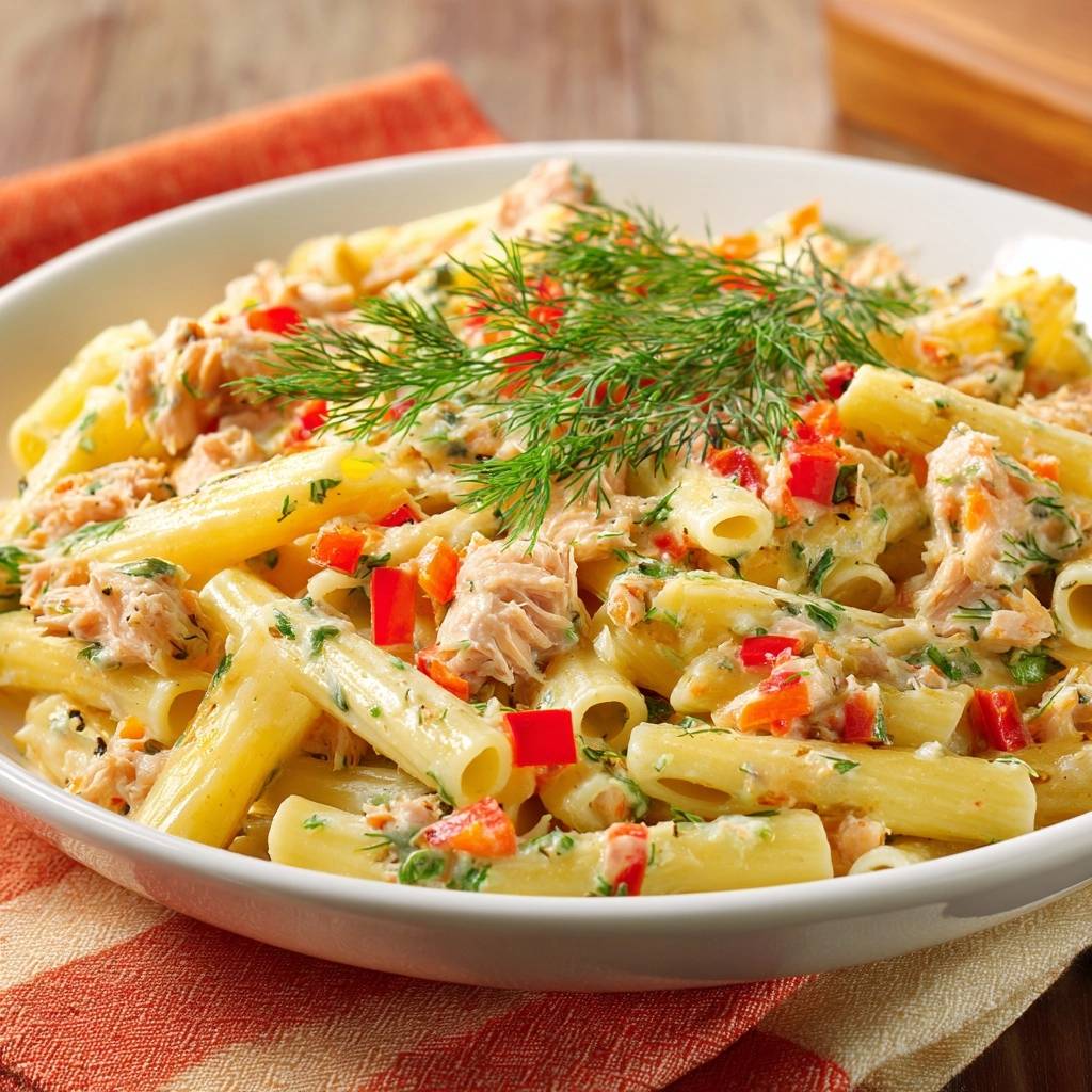 Creamy salmon and dill penne with a non-watery sauce, garnished with fresh dill and red peppers.