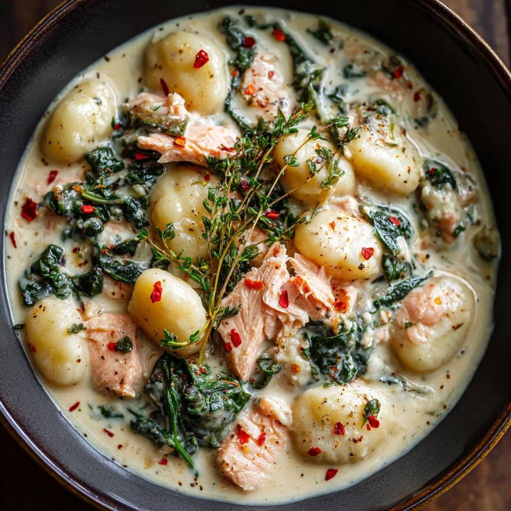 Creamy salmon and spinach gnocchi with a sprig of thyme and chili flakes garnish.