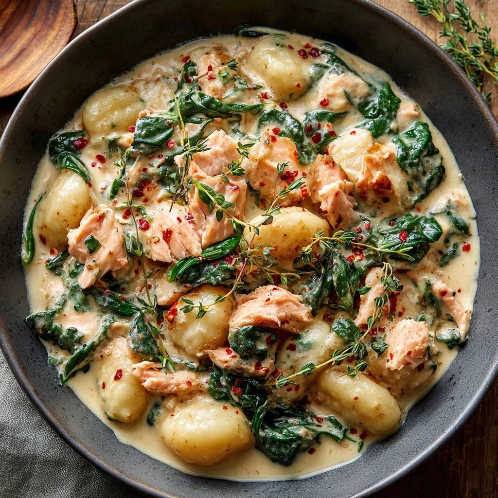 Creamy salmon and spinach gnocchi in a bowl, presented in an overhead view with a rustic aesthetic.