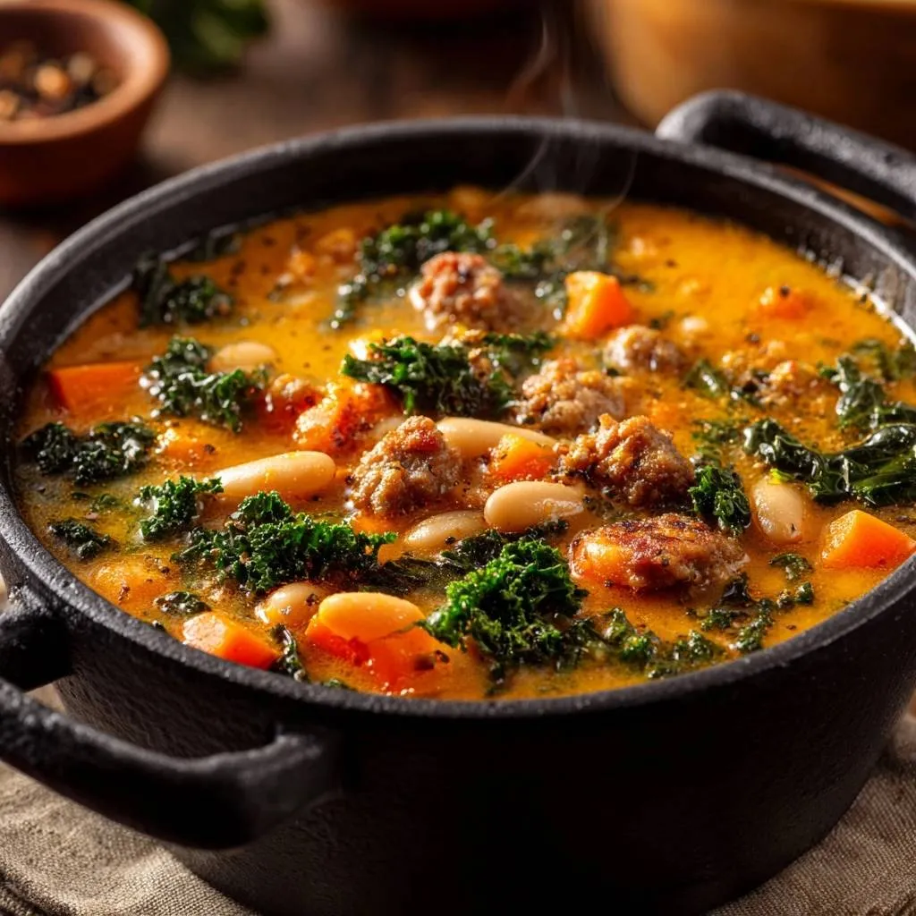 Creamy sausage and white bean soup served in a black bowl, featuring a close-up view of the hearty ingredients.