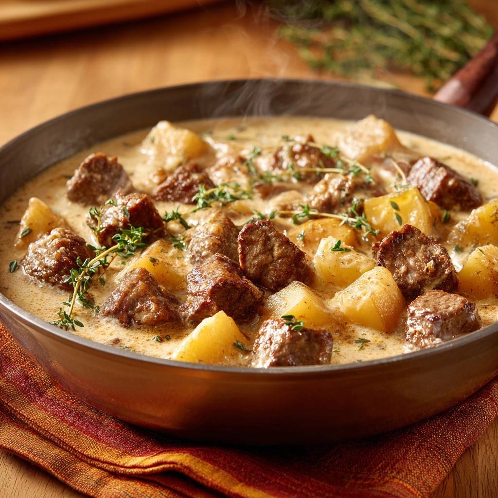 Creamy slow-simmered beef stew with potatoes and fresh thyme, a close-up view in a pan.