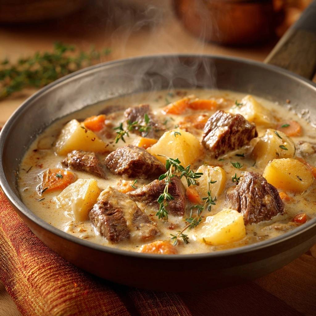 Creamy slow-simmered beef stew with potatoes and carrots steaming in a shallow pan.