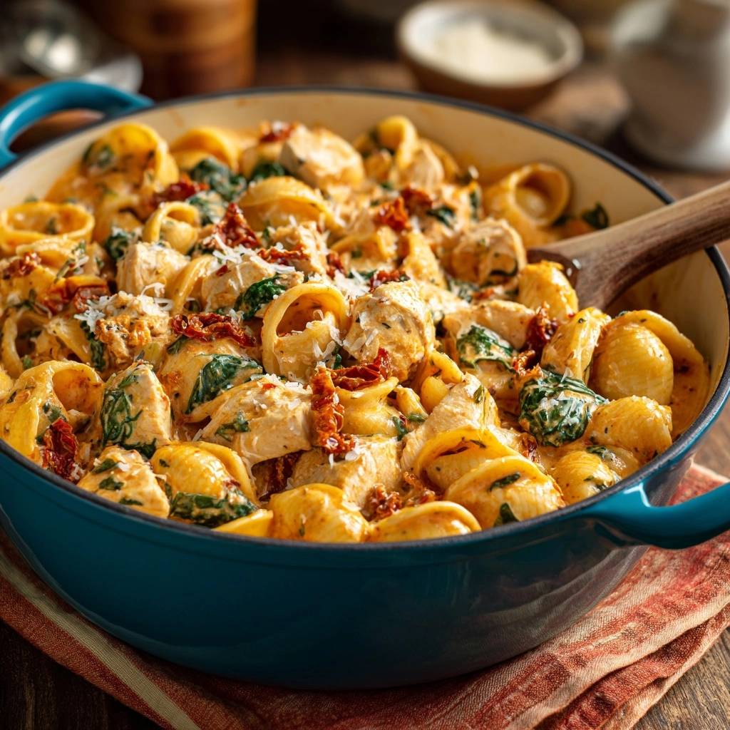 Creamy sun-dried tomato chicken shells served in a blue Dutch oven with a wooden spoon.