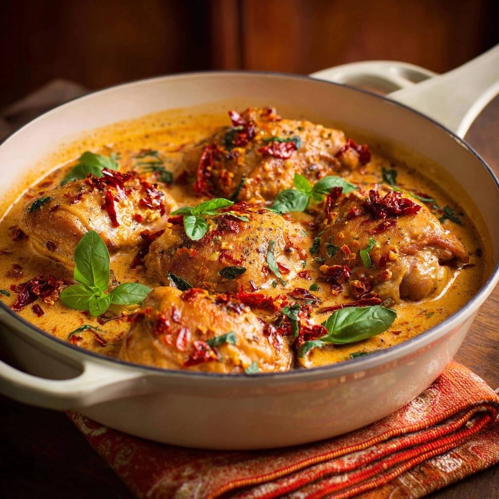 Creamy sun-dried tomato chicken thighs shown close-up in a rustic pan with fresh basil garnish.