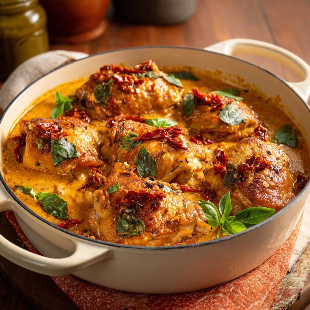 Creamy sun-dried tomato chicken thighs simmering in a Dutch oven, garnished with fresh basil and sun-dried tomatoes.