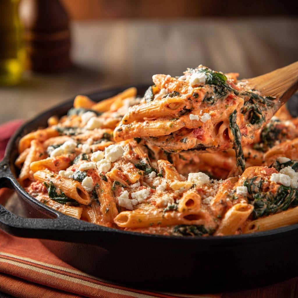 Creamy sun-dried tomato and spinach penne being scooped from a cast iron skillet with a wooden spoon.