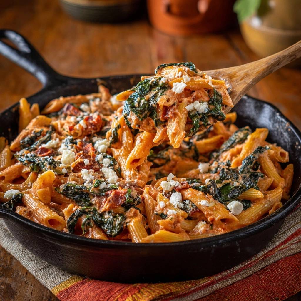 Creamy sun-dried tomato and spinach penne scooped with a wooden spoon, showing pasta, greens, and cheese.