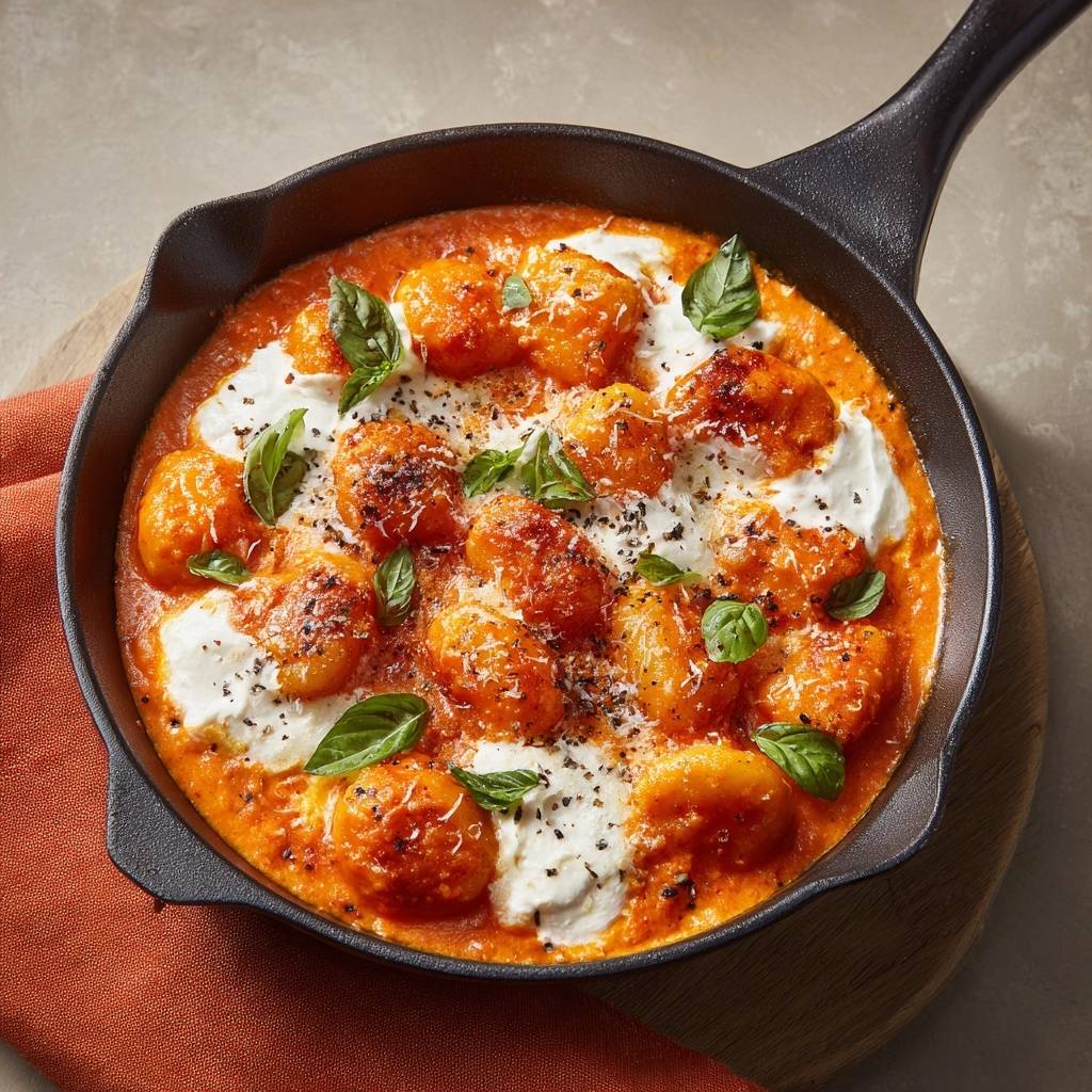 Creamy tomato skillet gnocchi served in a cast iron pan, topped with dollops of ricotta and fresh basil.
