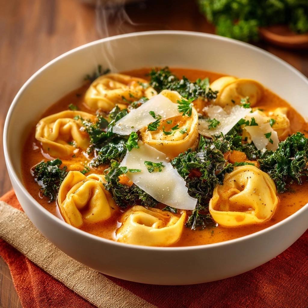 Creamy tomato tortellini soup in a white bowl, garnished with shaved parmesan cheese and fresh parsley.