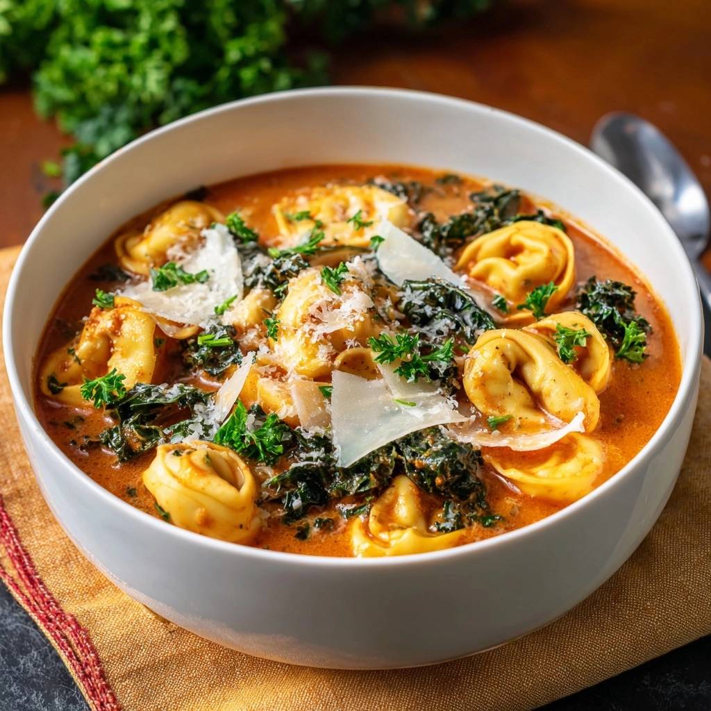 Creamy tomato tortellini soup in a white bowl, garnished with Parmesan cheese and fresh parsley, a close-up view.
