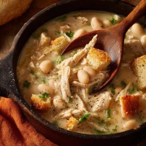 Creamy white chicken chili with white beans and croutons, captured in a close-up of a wooden spoon lifting a spoonful.